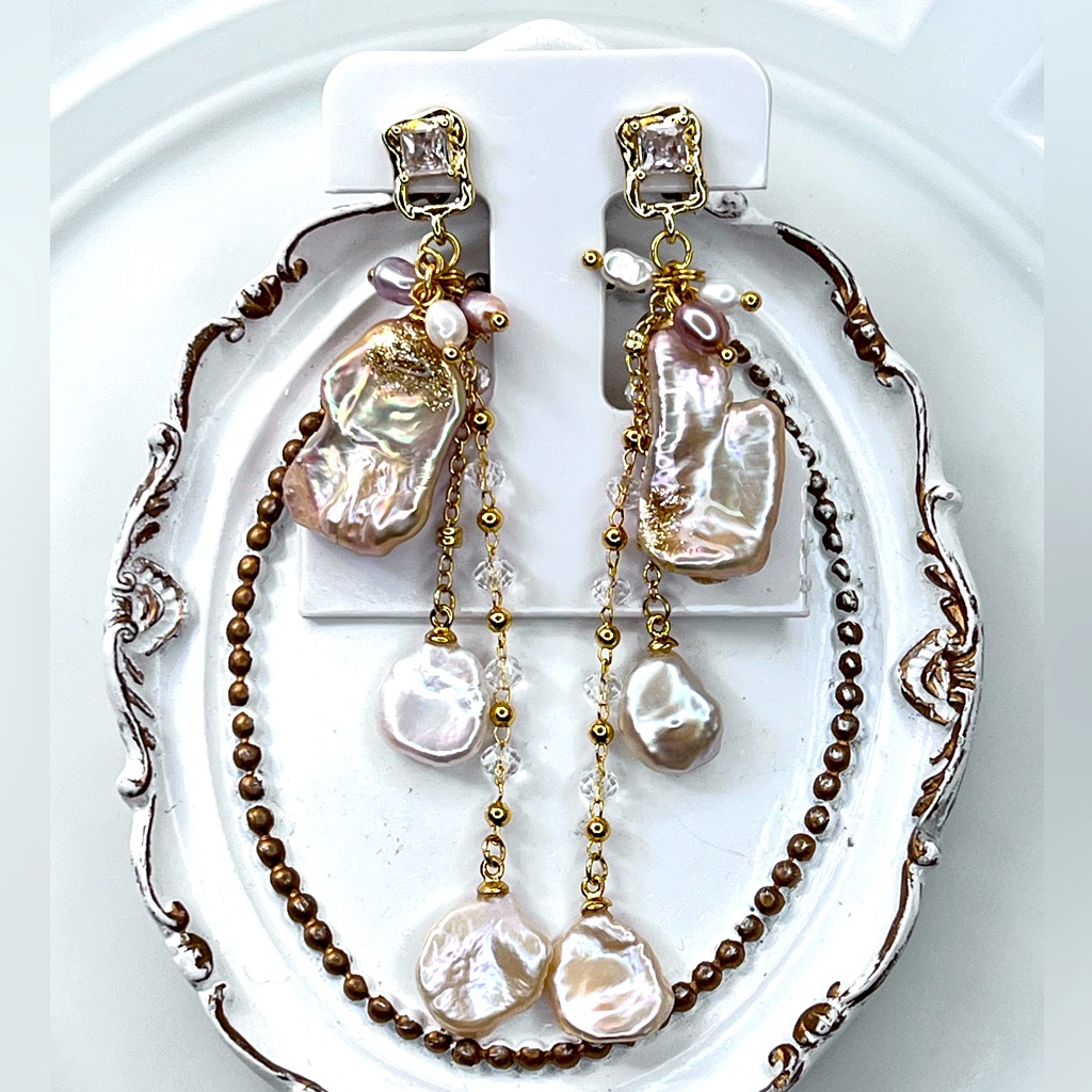 Handmade Freshwater Champagne Keshi Pearl Crystal Earrings S925 Ss Posts